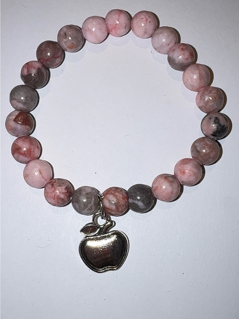 Natural Pink Agate Stone Apple Charm Stretch Bracelet Teacher Gift